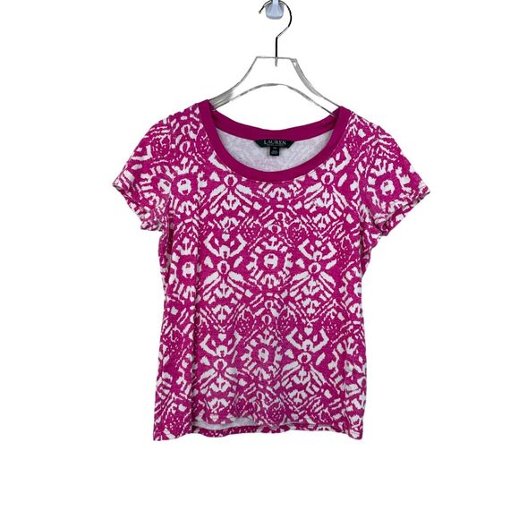 Lauren Ralph Lauren XS Pink White Short Sleeve Top Preppy Boho Southwest Cowgirl - Picture 1 of 8